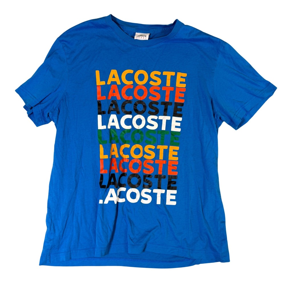 Lacoste Sport Blue Graphic T-Shirt Mens Size 6 Multi Color Stacked Logo Tee